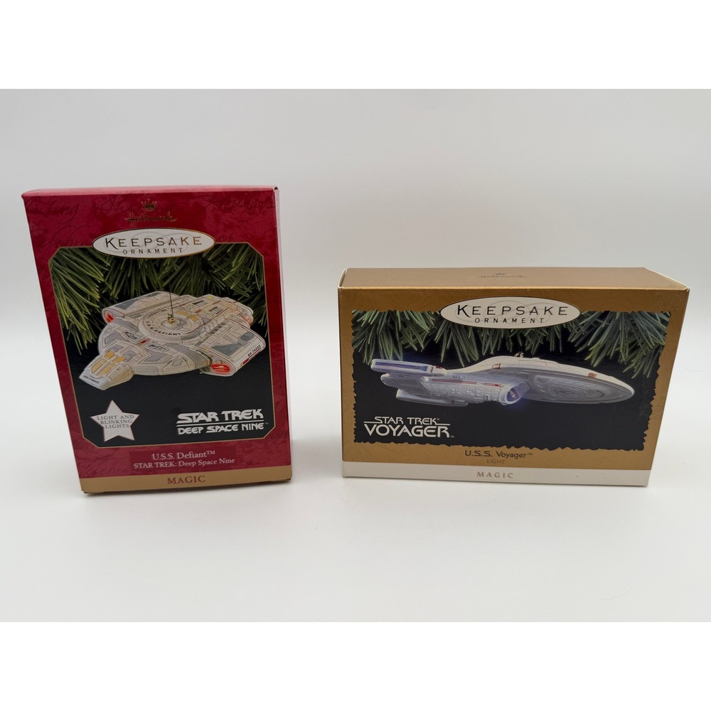 Hallmark Star Trek Ornaments USS Voyager 1996 USS Defiant 1997 Magic Light Lot